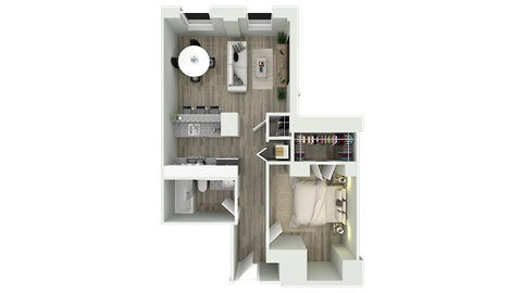 Floor plan for 1 bed, 1 bath, 709 sqft